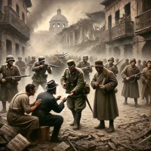 Scène historique de la guerre civile espagnole avec des soldats avançant dans des rues en ruines, tandis que des civils échangent secrètement des informations, illustrant la "cinquième colonne".