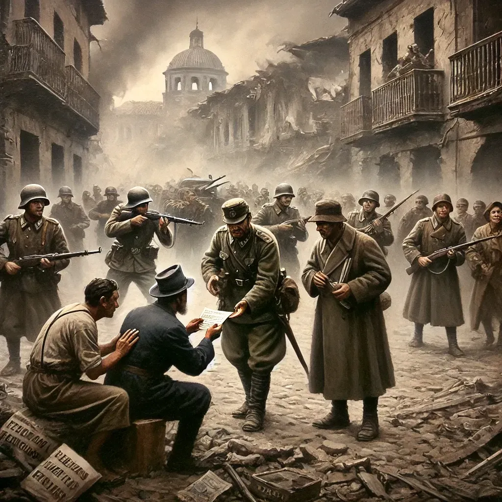 Scène historique de la guerre civile espagnole avec des soldats avançant dans des rues en ruines, tandis que des civils échangent secrètement des informations, illustrant la "cinquième colonne".
