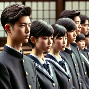 Un groupe d’élèves japonais en uniforme scolaire avec des coiffures identiques, illustrant les règles capillaires strictes des écoles.