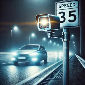 Radar automatique en bord de route flashant un véhicule en pleine nuit.
