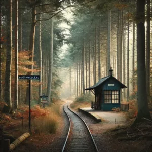 Un petit arrêt ferroviaire isolé en pleine forêt de Fontainebleau, entouré d'arbres aux couleurs automnales. Un sentier en terre s'enfonce dans les bois denses, baigné par une douce lumière matinale.