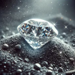 Un diamant lumineux posé sur un lit de cendres, illustrant la transformation des restes funéraires en pierre précieuse.