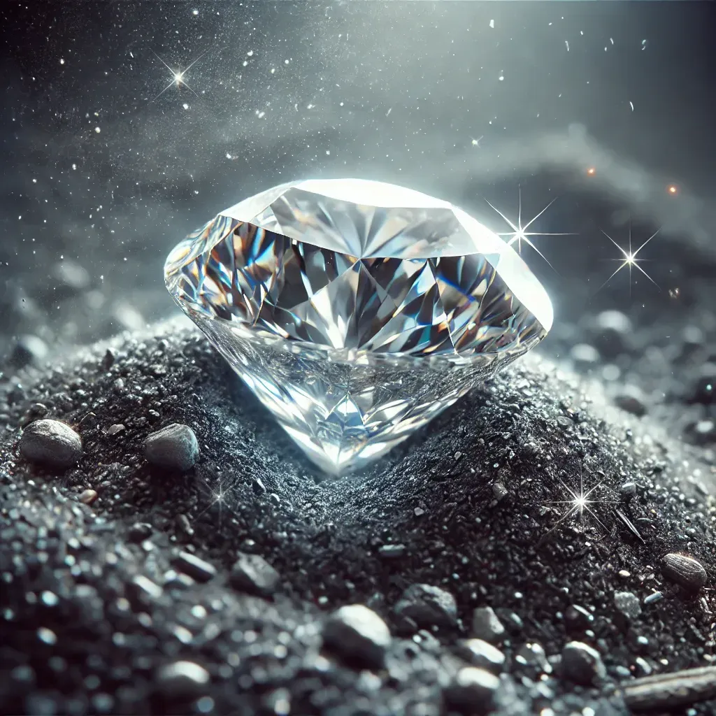 Un diamant lumineux posé sur un lit de cendres, illustrant la transformation des restes funéraires en pierre précieuse.