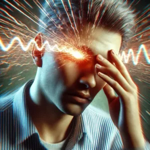 Personne souffrant d’une migraine ophtalmique avec des éclairs lumineux et une vision floue.