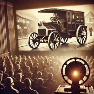 Salle de cinéma vintage projetant une bande-annonce en noir et blanc, avec un public attentif.