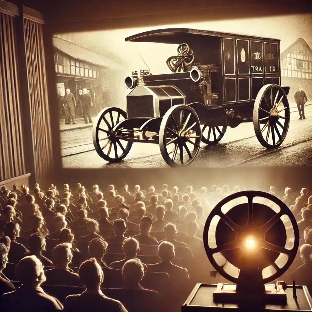 Salle de cinéma vintage projetant une bande-annonce en noir et blanc, avec un public attentif.
