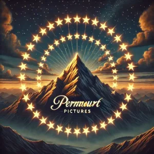 Illustration du logo Paramount Pictures avec une montagne majestueuse entourée de 22 étoiles lumineuses, symbolisant l’histoire du studio.