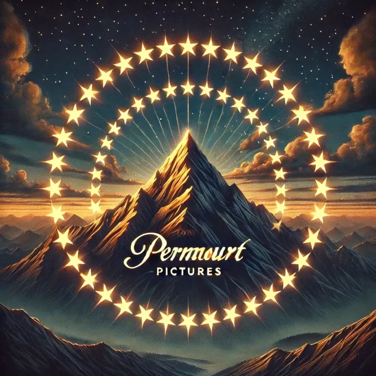 Illustration du logo Paramount Pictures avec une montagne majestueuse entourée de 22 étoiles lumineuses, symbolisant l’histoire du studio.