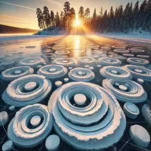 Disques de glace flottant sur un lac gelé en hiver.