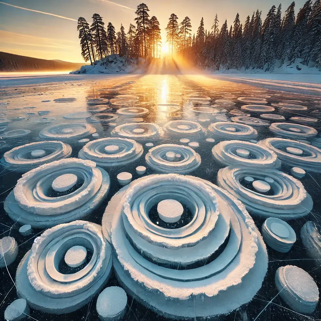 Disques de glace flottant sur un lac gelé en hiver.