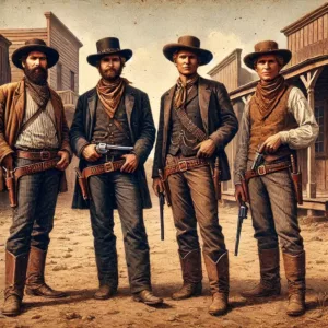 Illustration des quatre frères Dalton, célèbres hors-la-loi du Far West, vêtus en cow-boys et armés, prêts pour un braquage.