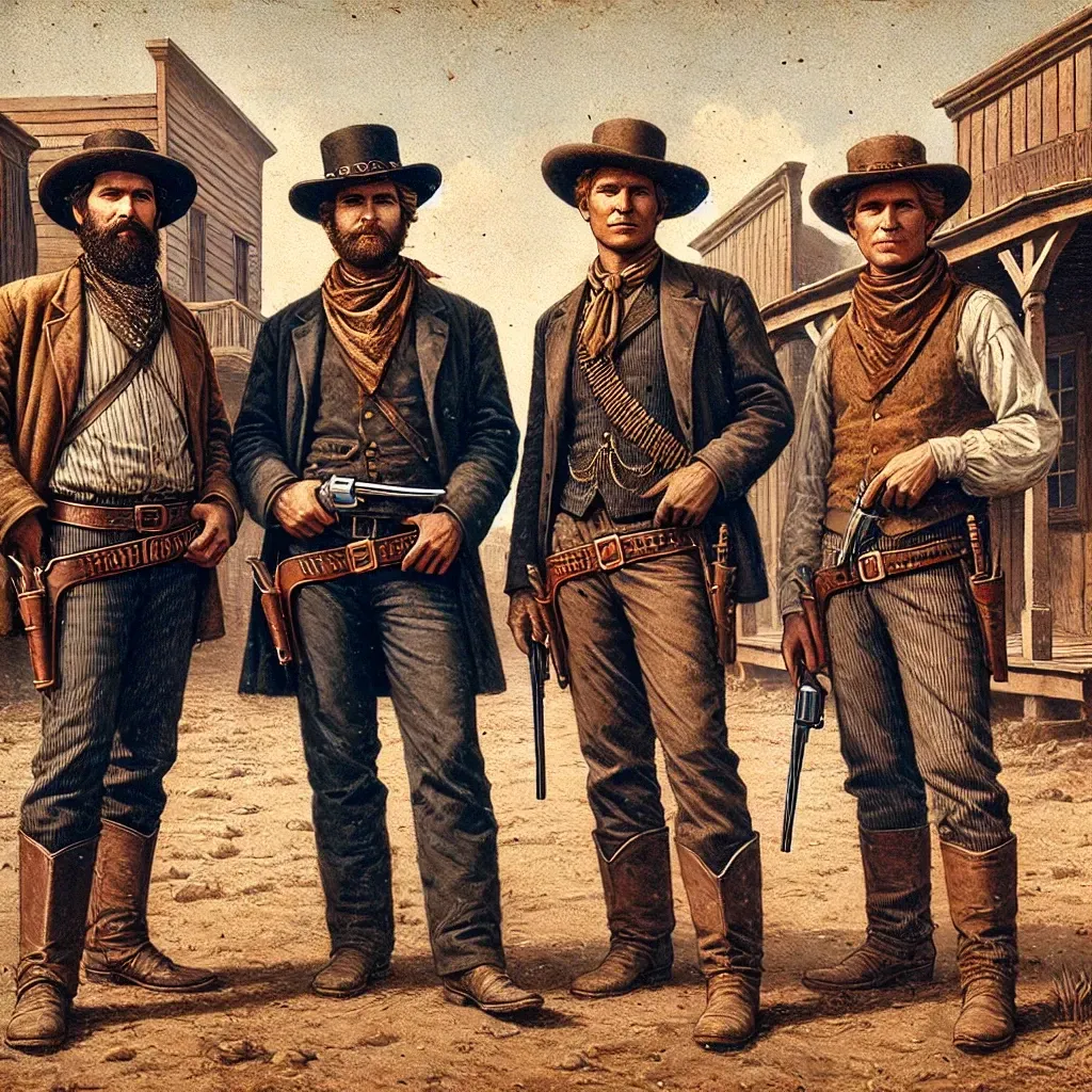Illustration des quatre frères Dalton, célèbres hors-la-loi du Far West, vêtus en cow-boys et armés, prêts pour un braquage.