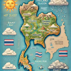 Carte illustrée des trois saisons en Thaïlande : chaude, pluvieuse et fraîche, avec icônes météo et villes principales.