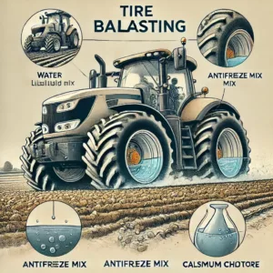 Tracteur agricole avec un zoom expliquant le lestage des pneus par liquide.