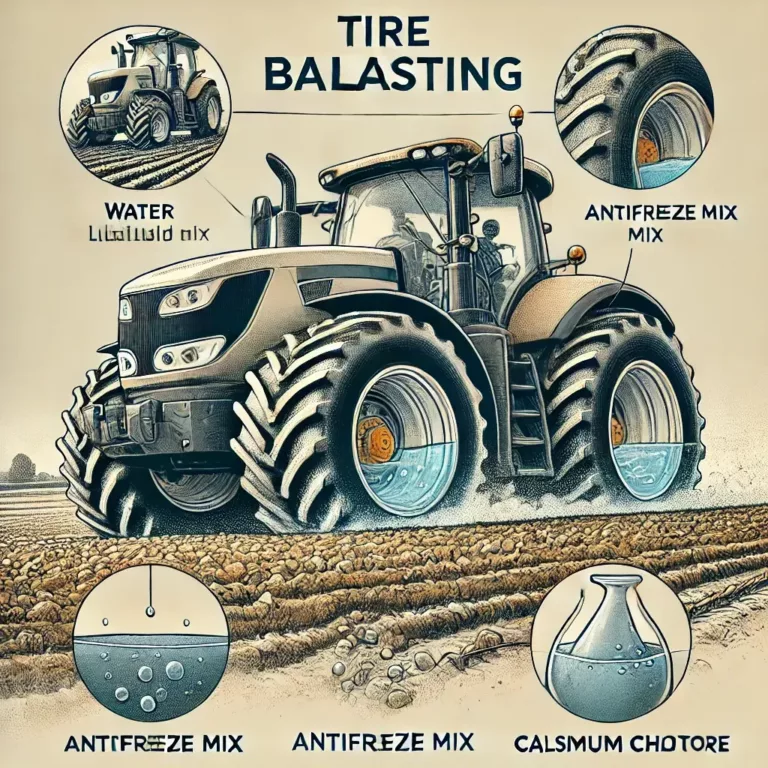 Tracteur agricole avec un zoom expliquant le lestage des pneus par liquide.