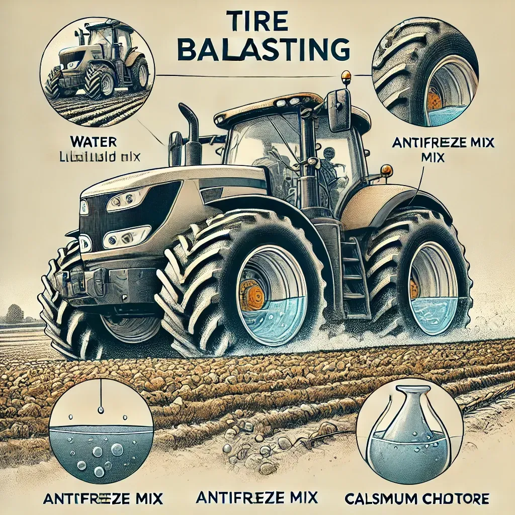 Tracteur agricole avec un zoom expliquant le lestage des pneus par liquide.