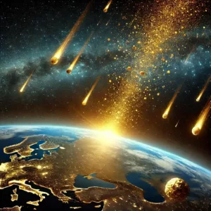 Illustration de particules d’or tombant sur Terre depuis l’espace, issues de météores dorés.