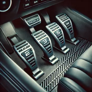 Vue rapprochée d’un habitacle de voiture avec cinq pédales distinctes, mettant en évidence leur agencement et leur utilité.