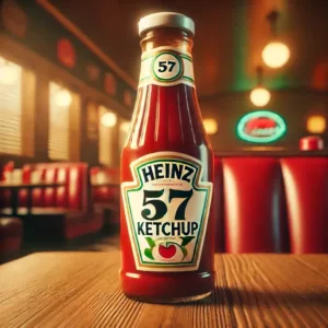 Bouteille vintage de ketchup Heinz avec le chiffre 57 bien visible sur l'étiquette, posée sur une table en bois avec un fond rétro.