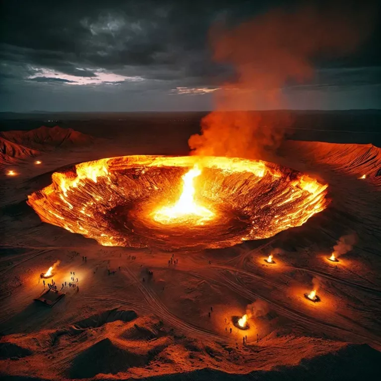 Vue spectaculaire du cratère de Darvaza, surnommé la "Porte de l’Enfer", enflammé au cœur du désert du Karakoum.