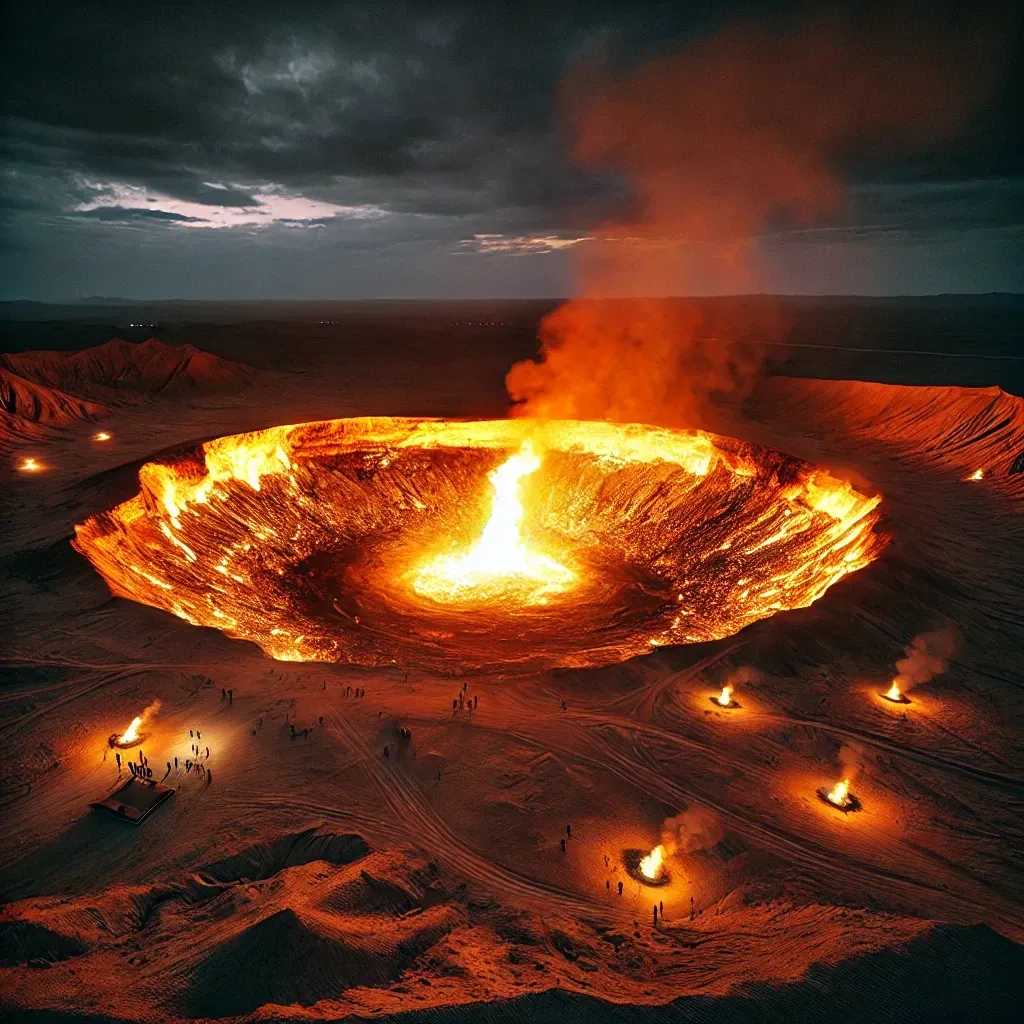 Vue spectaculaire du cratère de Darvaza, surnommé la "Porte de l’Enfer", enflammé au cœur du désert du Karakoum.