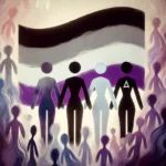 Illustration du drapeau asexuel avec ses couleurs distinctives, accompagné de figures abstraites représentant la diversité de la communauté asexuelle.