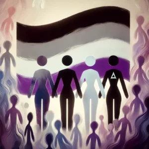 Illustration du drapeau asexuel avec ses couleurs distinctives, accompagné de figures abstraites représentant la diversité de la communauté asexuelle.