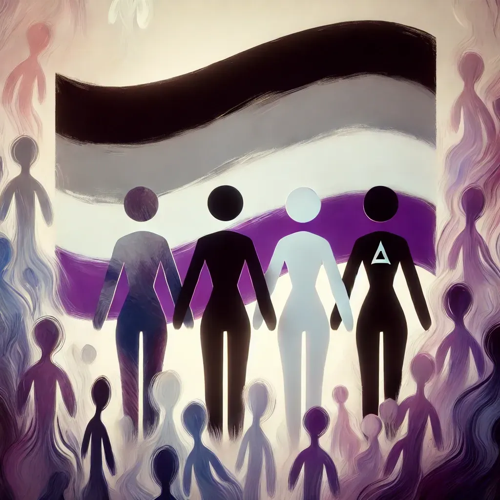 Illustration du drapeau asexuel avec ses couleurs distinctives, accompagné de figures abstraites représentant la diversité de la communauté asexuelle.