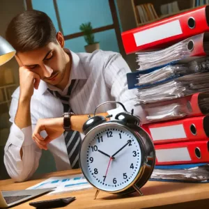 Un employé de bureau fatigué regarde son horloge avec une pile de dossiers à côté, symbolisant les heures supplémentaires.