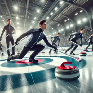 Joueurs de curling en action sur la glace, balayant pour diriger la pierre vers la cible.