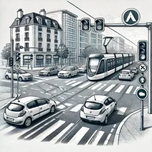Illustration d'un carrefour en France où un tramway a la priorité sur les voitures venant de la droite.