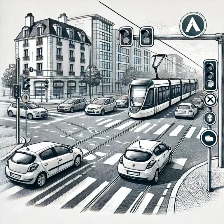 Illustration d'un carrefour en France où un tramway a la priorité sur les voitures venant de la droite.