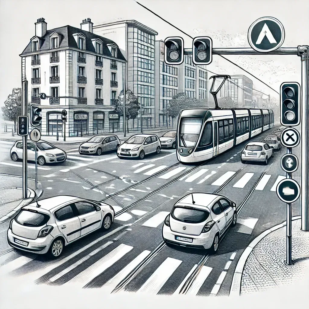 Illustration d'un carrefour en France où un tramway a la priorité sur les voitures venant de la droite.