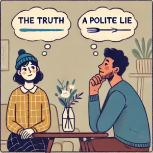 Une personne hésite à répondre lors d'une conversation, illustrant le dilemme entre vérité et politesse.