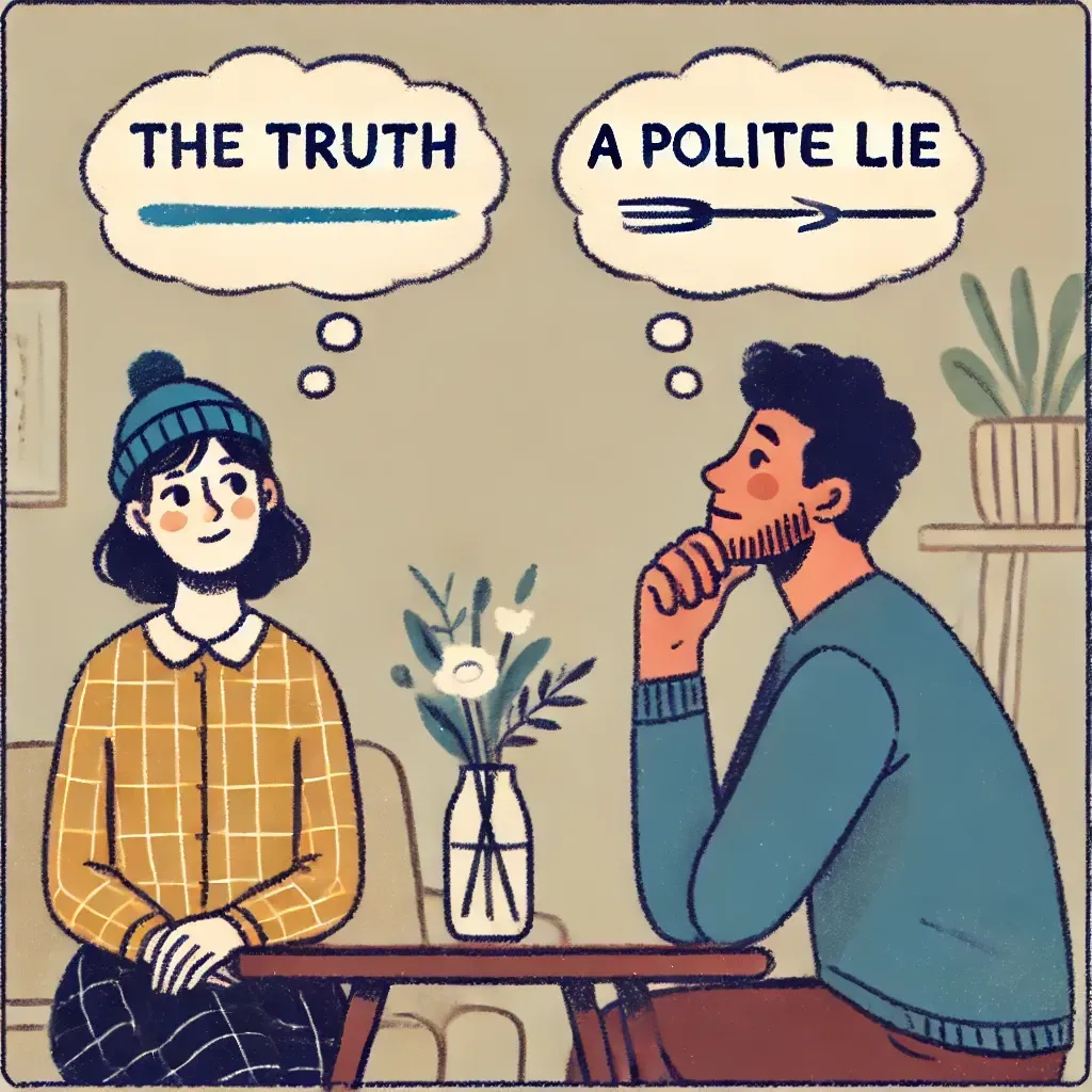 Une personne hésite à répondre lors d'une conversation, illustrant le dilemme entre vérité et politesse.