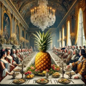 Un banquet aristocratique du XVIIe siècle avec une ananas en centre de table, symbole de richesse et de prestige.