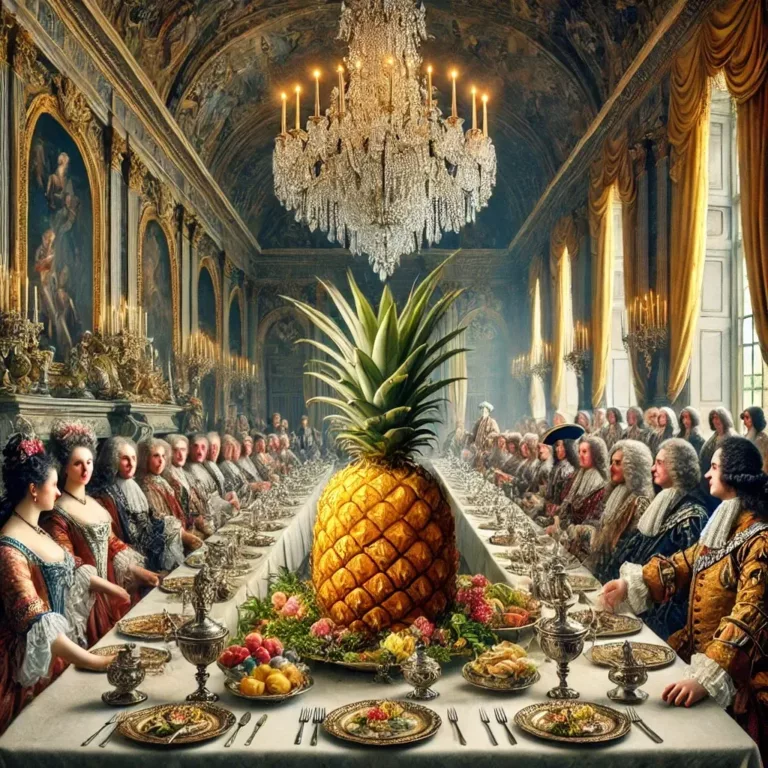 Un banquet aristocratique du XVIIe siècle avec une ananas en centre de table, symbole de richesse et de prestige.