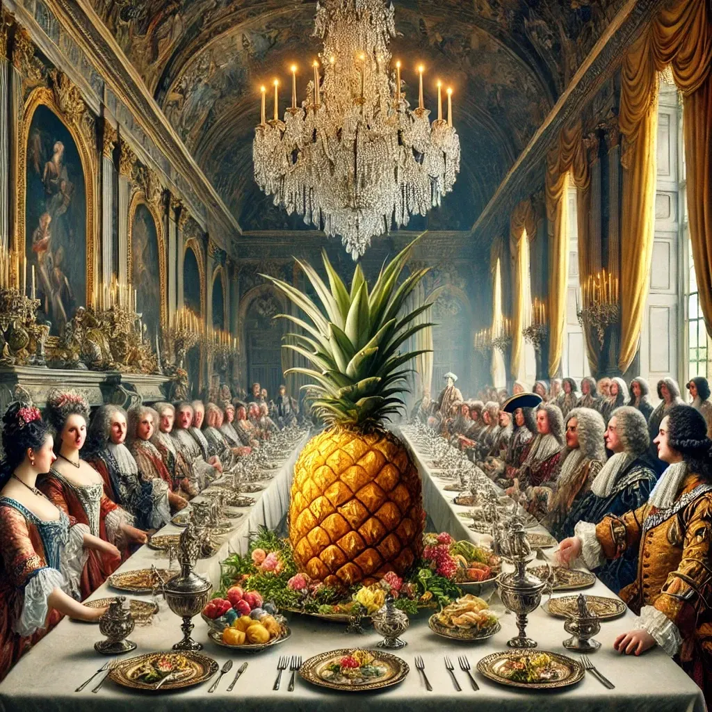Un banquet aristocratique du XVIIe siècle avec une ananas en centre de table, symbole de richesse et de prestige.