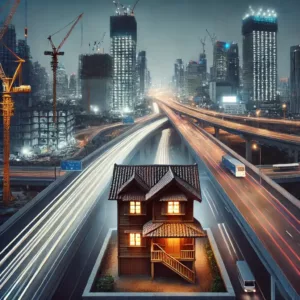 Maison traditionnelle isolée entourée de gratte-ciel et d'autoroutes, représentant une maison cloutée en plein développement urbain.