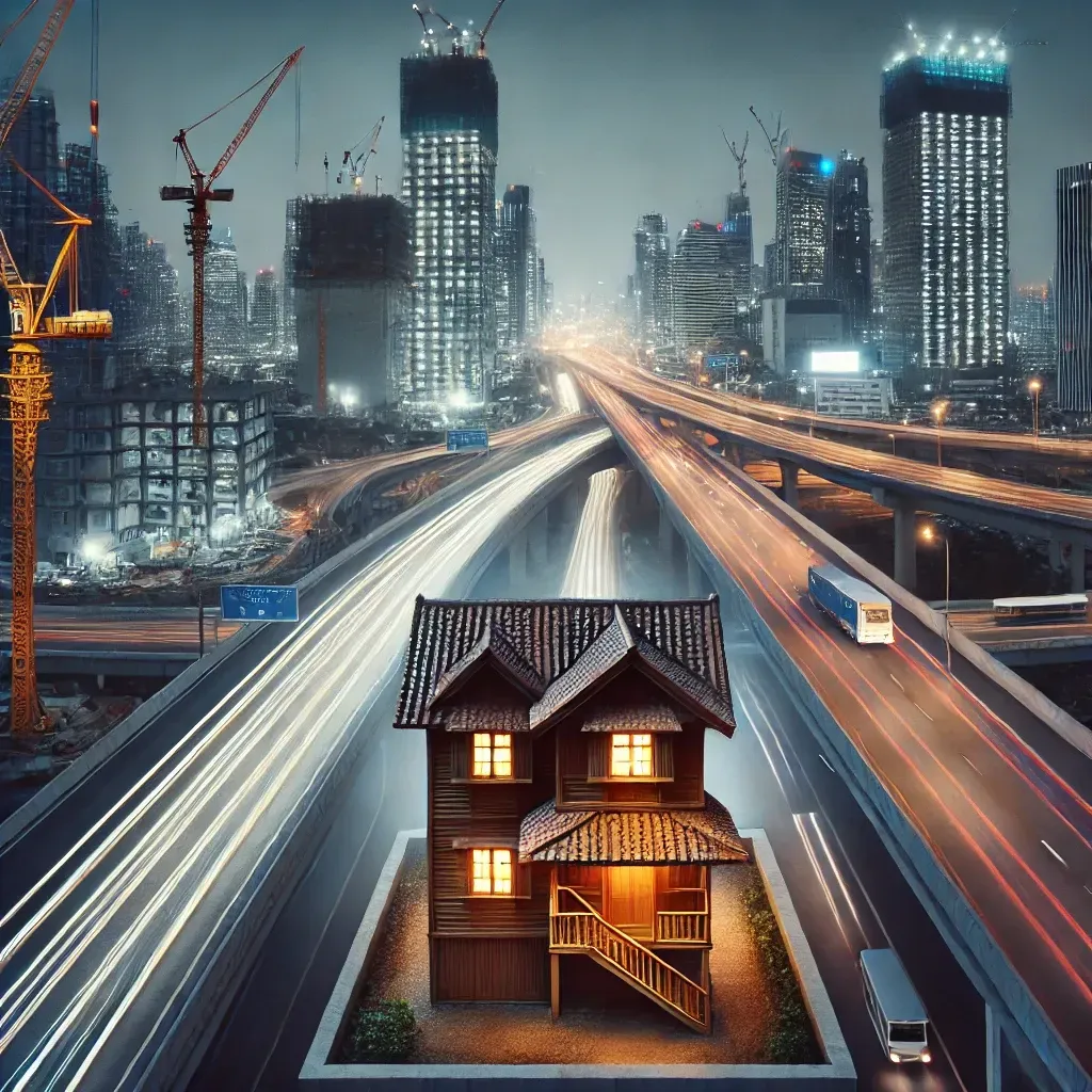 Maison traditionnelle isolée entourée de gratte-ciel et d'autoroutes, représentant une maison cloutée en plein développement urbain.