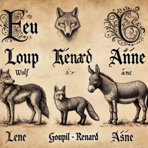 Illustration médiévale montrant l'évolution des noms d'animaux en français.
