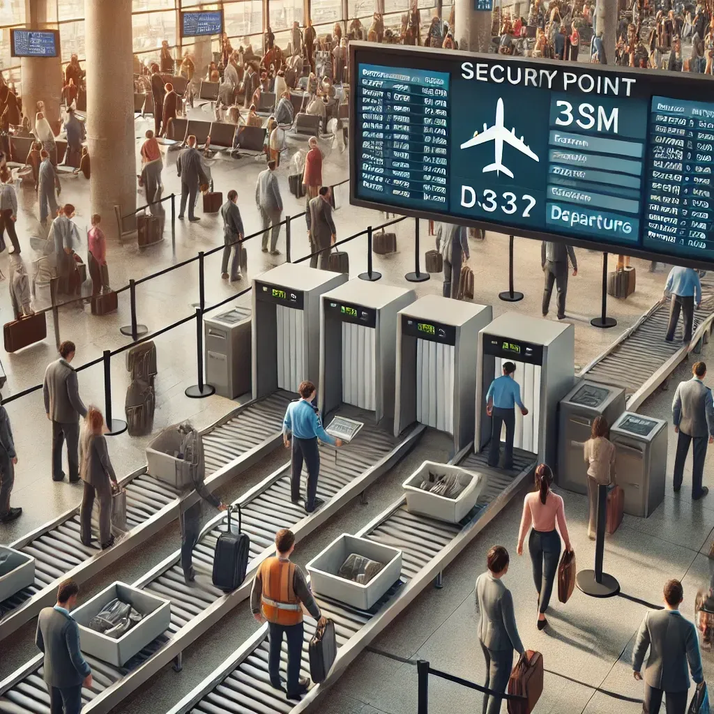 Voyageurs passant le contrôle de sécurité dans un aéroport avec des bagages et des agents vérifiant les écrans de contrôle.