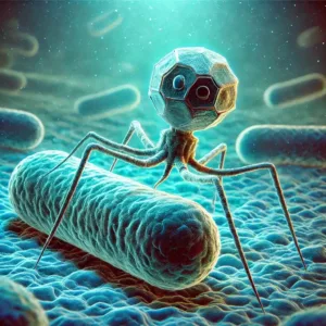 Un bactériophage attaquant une bactérie sous un microscope.