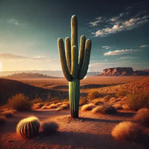 Cactus saguaro majestueux dans le désert de Sonora, sous un ciel bleu éclatant.
