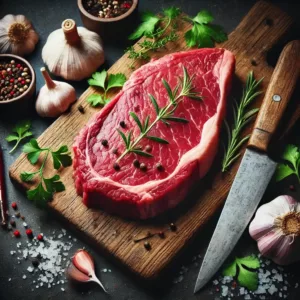 Belle pièce de viande de bœuf crue sur une planche en bois, accompagnée d’herbes fraîches, d’ail et d’un couteau de boucher.