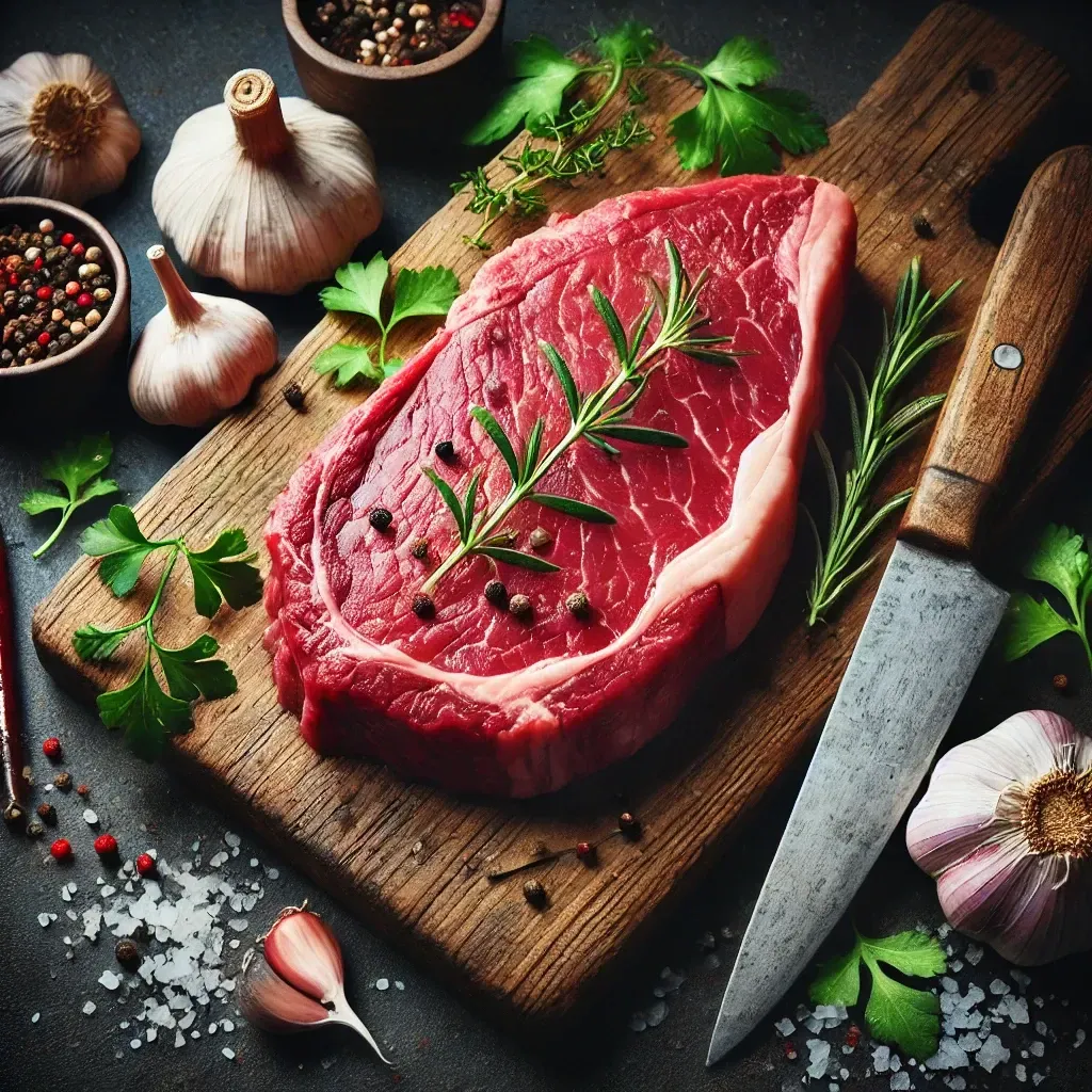 Belle pièce de viande de bœuf crue sur une planche en bois, accompagnée d’herbes fraîches, d’ail et d’un couteau de boucher.