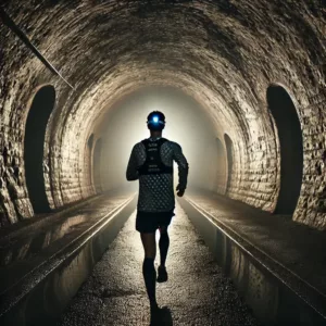 Coureur solitaire dans un long tunnel sombre et humide, équipé d’une lampe frontale et de vêtements réfléchissants.