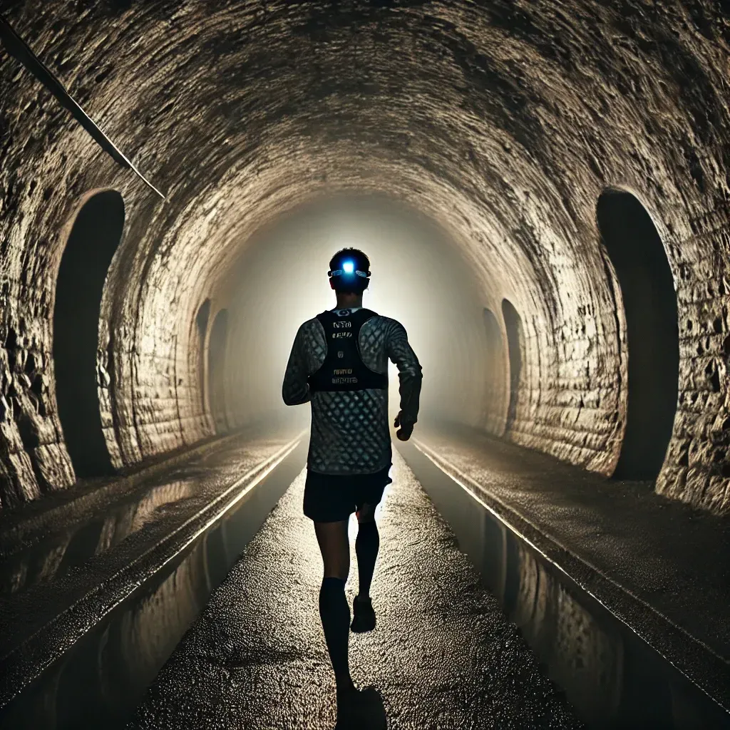 Coureur solitaire dans un long tunnel sombre et humide, équipé d’une lampe frontale et de vêtements réfléchissants.