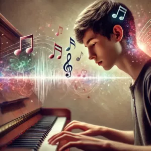 Jeune musicien assis devant un piano à queue, concentré sur une note jouée, avec des notes colorées flottant autour.