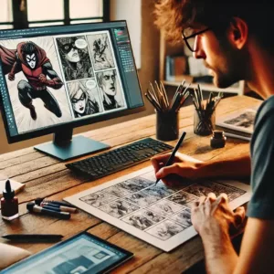 Un artiste dessine une bande dessinée sur papier, tandis qu’un écran affiche une version numérique de la BD.